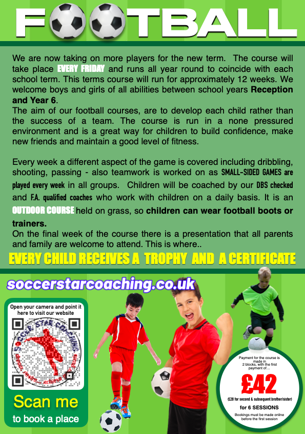 Leaflet with times and date for children football coaching