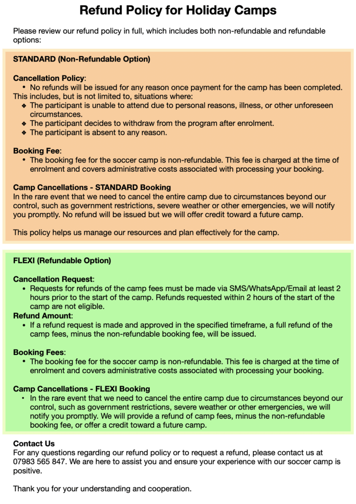 Holiday Camp Refund Policy